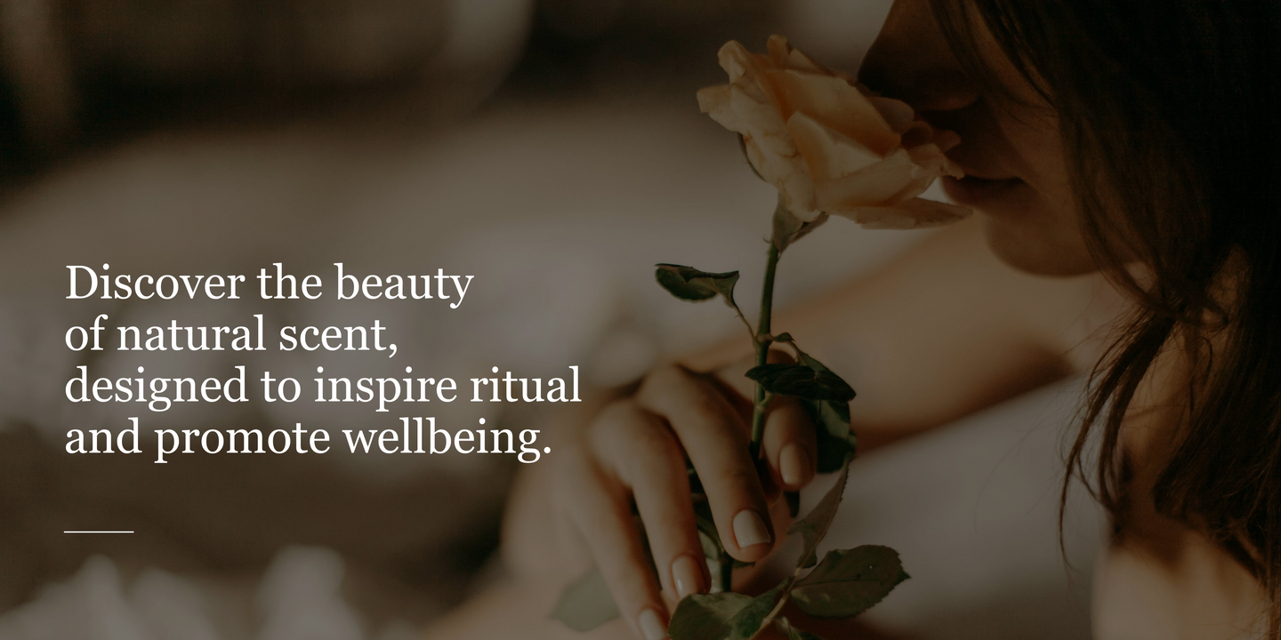 Person holding a rose with text about natural scent and wellbeing.